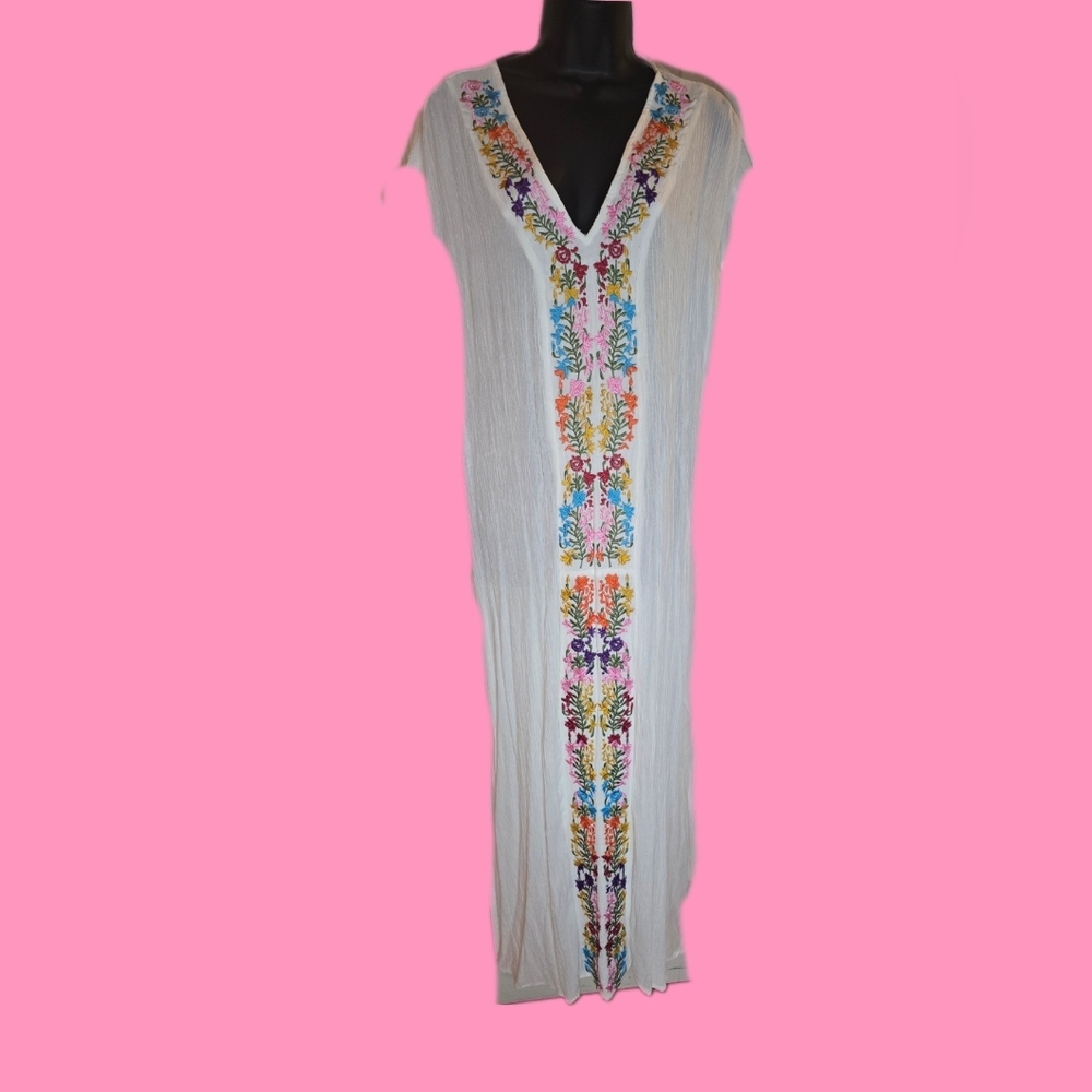 White gauze long dress with floral embroidery (never worn)
